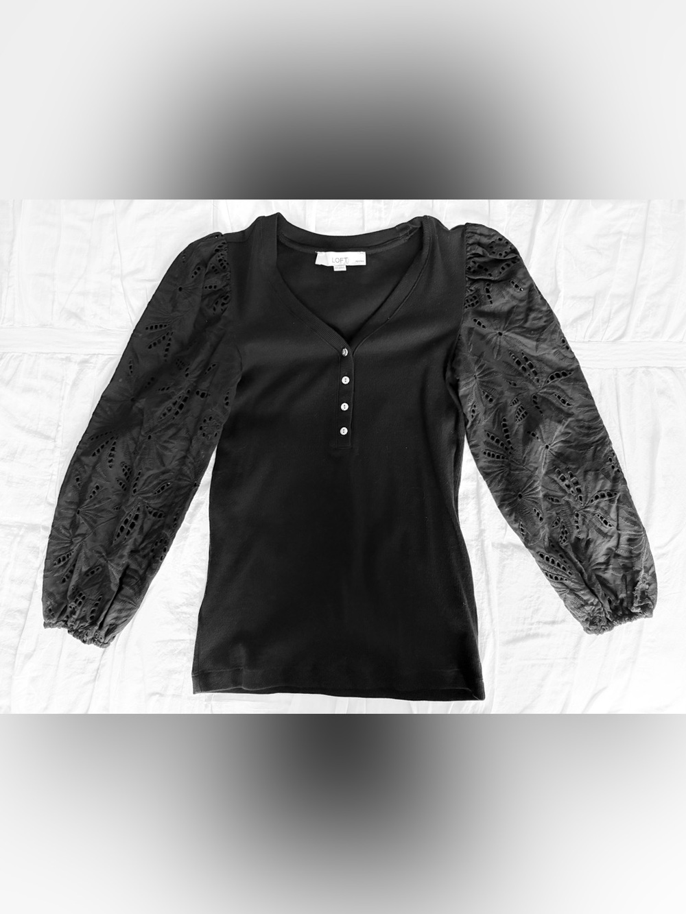 LOFT Black Eyelet Sleeve Top